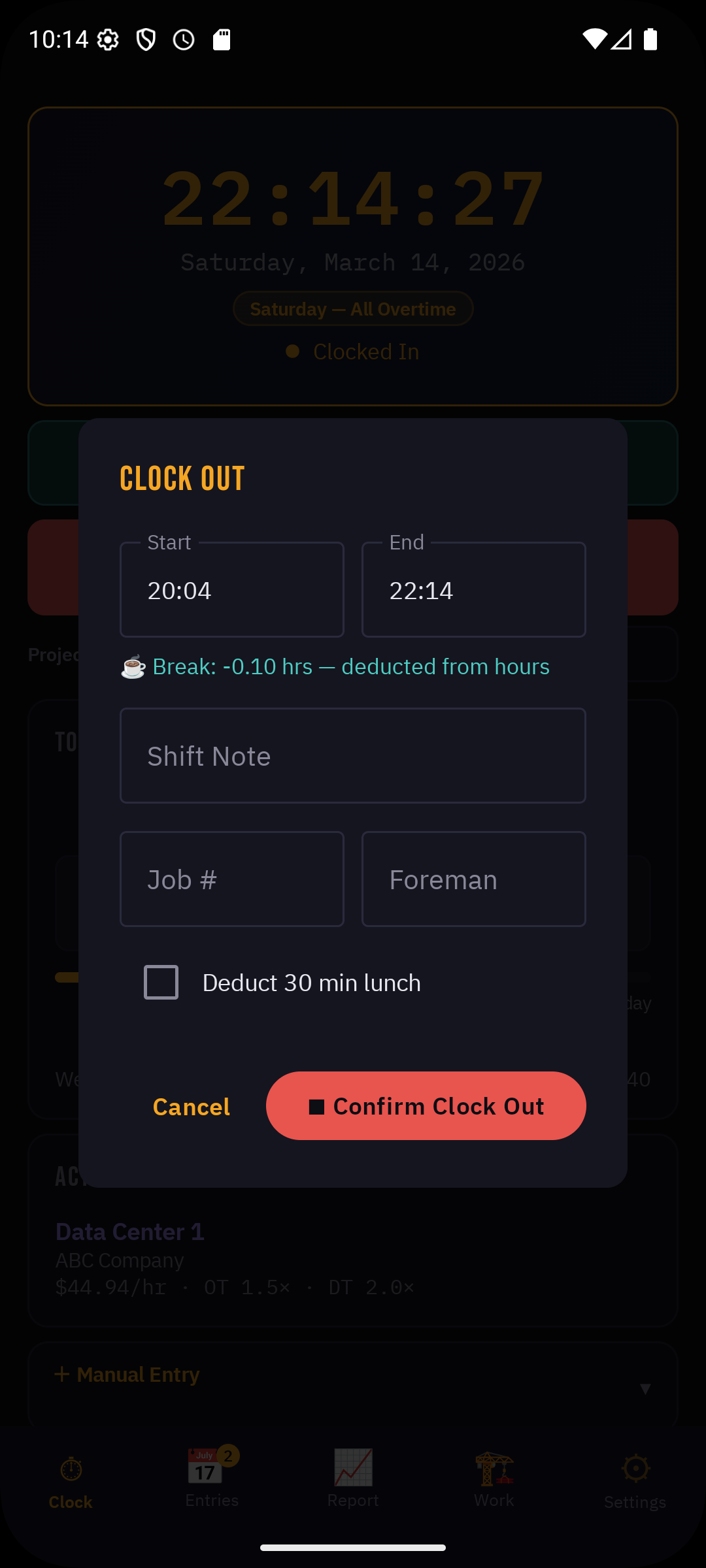 Clock out dialog with start/end times, break deduction, shift notes, and foreman fields