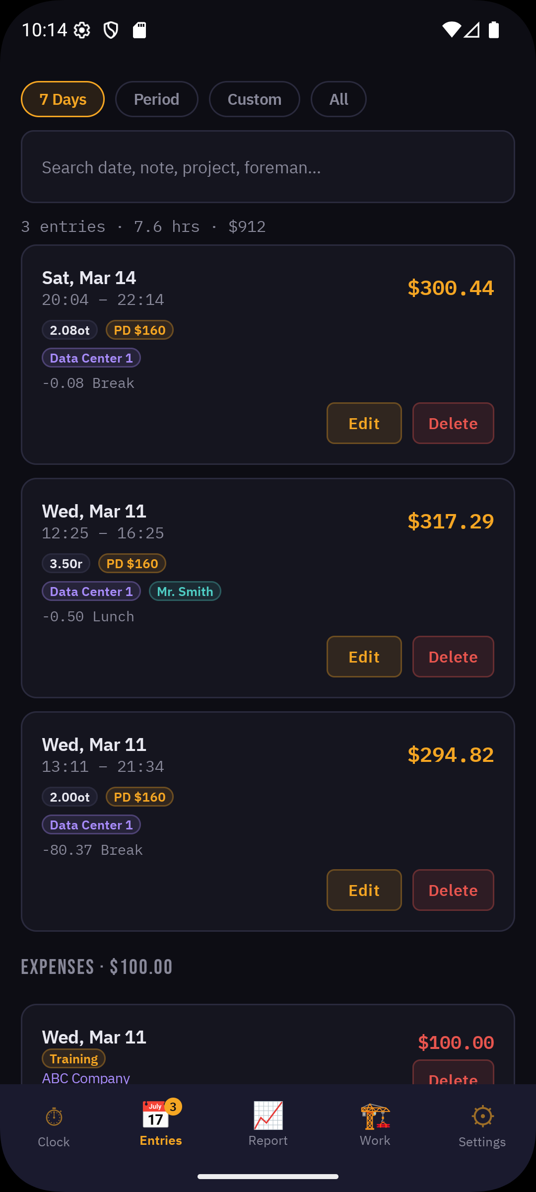 Entries list showing shifts with OT/DT badges, per diem, project tags, and earnings