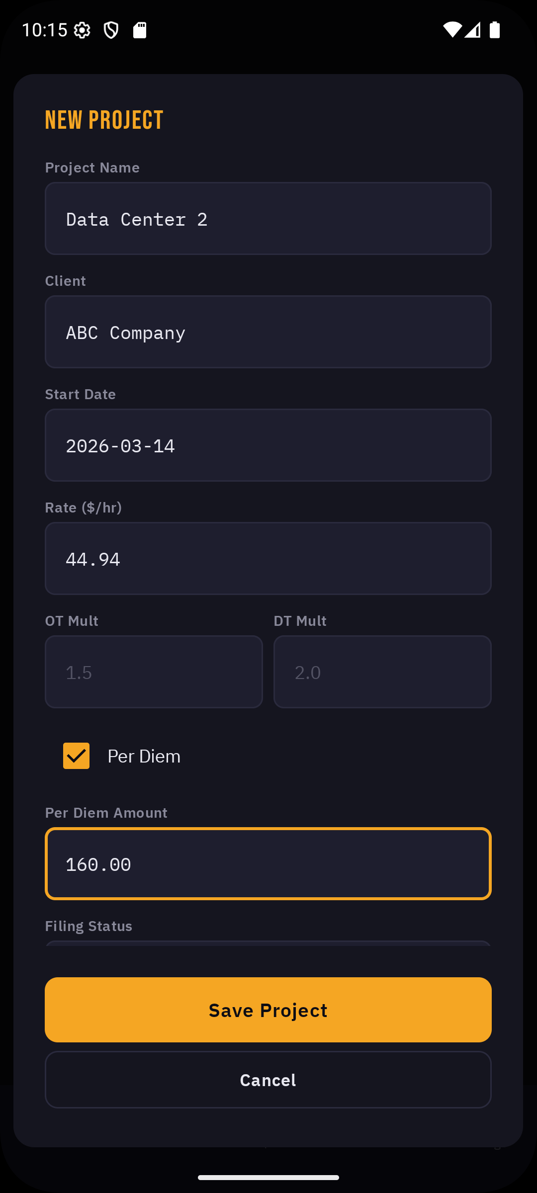 New project form with client, rate, OT/DT multipliers, and per diem configuration