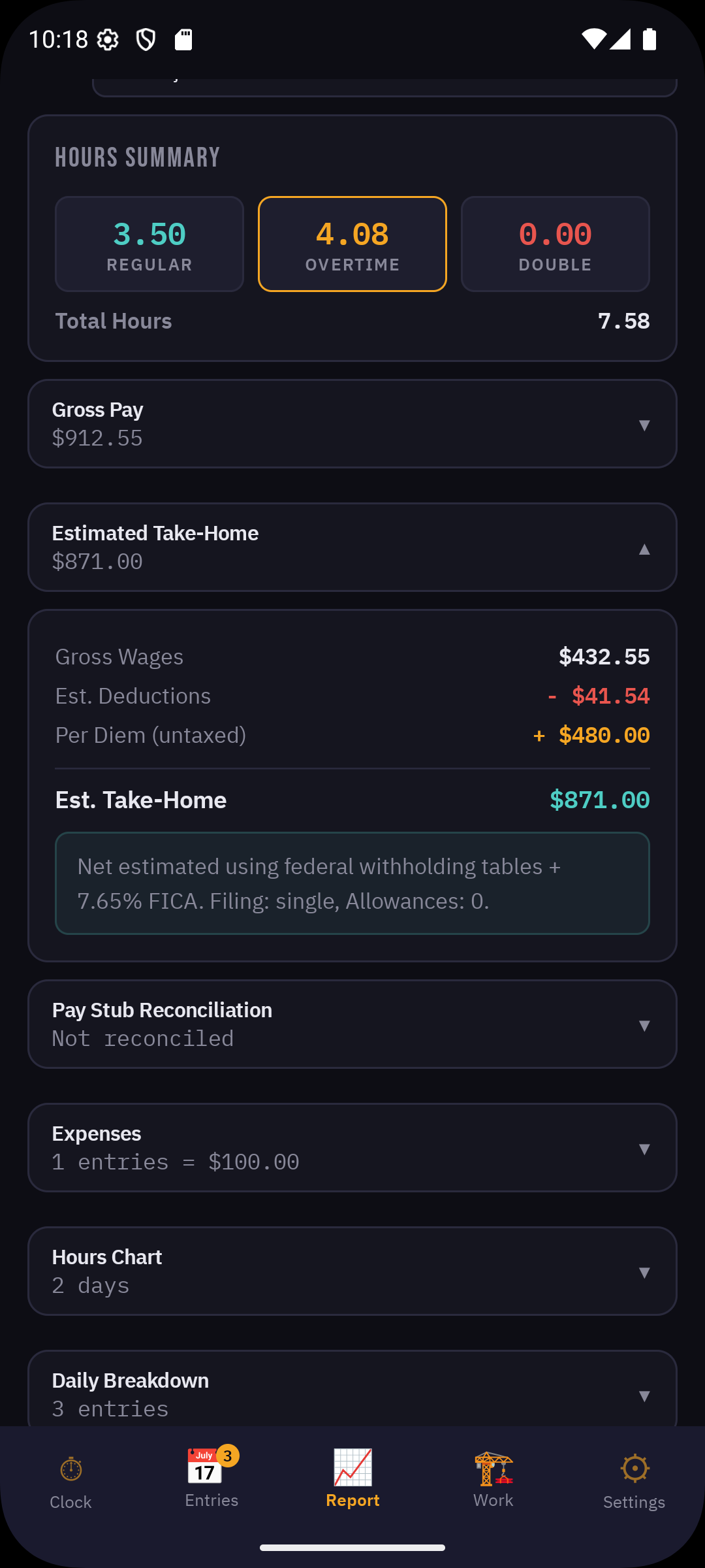 Report detail showing gross wages, deductions, per diem breakdown, and take-home estimate